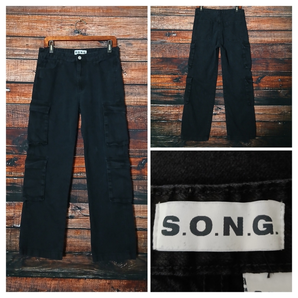 SONG Jeans 9 29 Cargo High Rise Ankle Crop Black Denim 100% Cotton